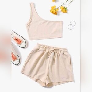 SHEIN Cream One-Shoulder Ribbed Crop Top & Drawstring Shorts Set